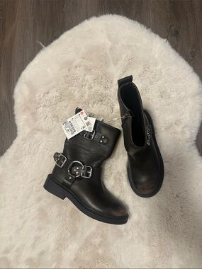 ZARA Brown Leather Buckle Moto Boots girls 12.5
